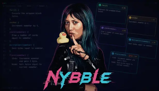Nybble key art: a hacker with teal hair and a rubber duck on her shoulder, beside cards written as code.